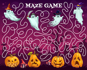 Halloween labyrinth maze cartoon ghosts and pumpkins on cemetery. Vector board game worksheet with funny spooks and jack lanterns characters. Boardgame with tangled path, start and finish, riddle task