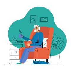 Old female sitting on armchair, holding book, reading and drinking hot tea. Grandparent does household chores. Flat vector illustration in blue and orange color in cartoon style