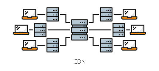 CDN. Content delivery network icon. Blog or web portal file storage and backup server, website database administration and publishing system, CDN line vector symbol with network, laptop and servers