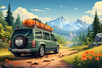 Vector flat web banners on the theme of the road trip, adventure, trailer, camping, outdoor recreation, nature adventure, or vacation. SUVs and trailers