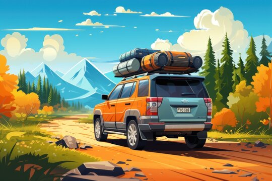 Vector flat web banners on the theme of the road trip, adventure, trailer, camping, outdoor recreation, nature adventure, or vacation. SUVs and trailers
