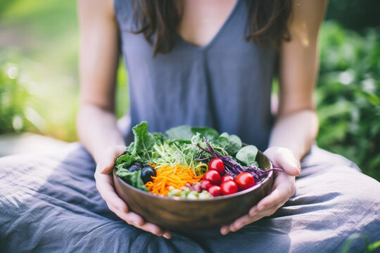 A person meditating or practicing mindfulness, highlighting the mental well-being aspect of healthy food choices. 