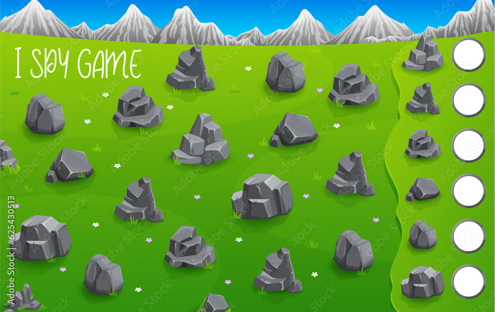 Poster i spy game grey rock stones on mountains landscape. kids vector counting and calculation riddle with