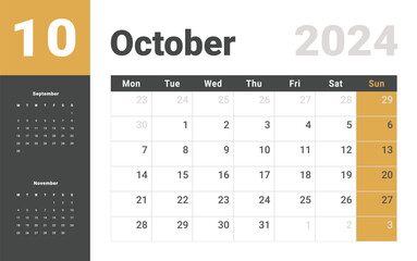 Monthly Calendar Template of october 2024. Vector layout simple calendar with week start Monday.