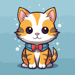 Cute cartoon cat with bow tie on blue background. Vector illustration.