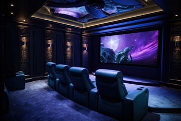 The inside of the home cinema in a contemporary, high end residence.