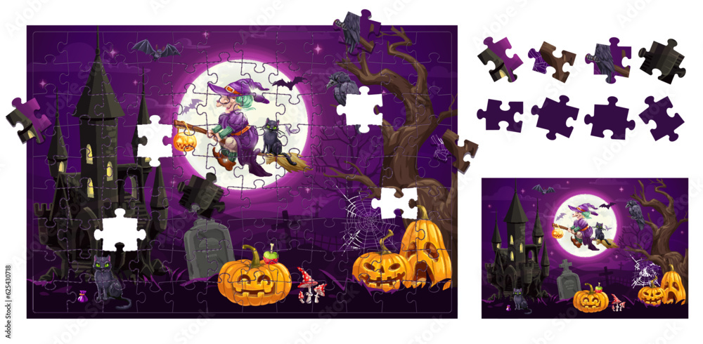 Poster halloween landscape jigsaw puzzle game pieces. cartoon witch and pumpkins on cemetery. right fragmen