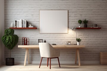 A stylish workplace with a home office interior consisting of a table against a brick wall adorned with white empty picture frames, books, and a potted plant.