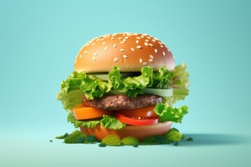 Tasty burger on minimal blue background, AI Generative