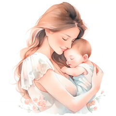 Watercolor Beautiful Silhouette Mother Holding a Baby in Hand Happy Mother's Day - 625431124