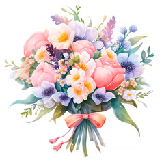 Flower bouquet on a white background. Watercolor peonies, tulips. Mothers Day design.