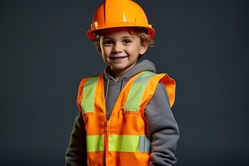Portrait of a cute little boy in a construction helmet.Generative Ai