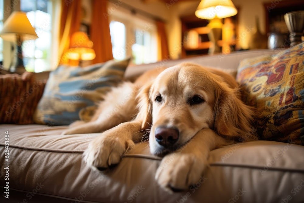 Canvas Prints An absolutely adorable Golden Retriever canine relaxing in the comfort of a living room.