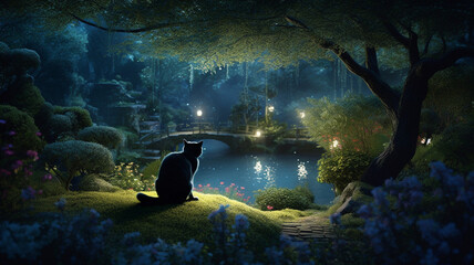 Nocturnal grey cat silhouette, sitting and looking at a beautiful garden