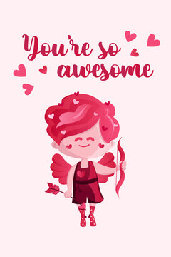 Vertical Greeting card for Valentine s Day with a cubidon. Vector, cartoon style. can be used to create heartfelt and romantic greetings to express love and affection on the special occasion.