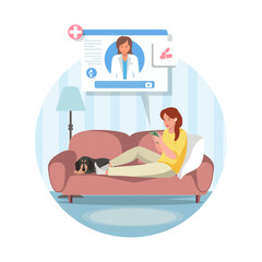 Female lying on bed and chatting with doctor via smartphone. Quick and easy way to receive medical advice and treatment from comfort of ones own home. Digital prescriptions and teletherapy. Vector