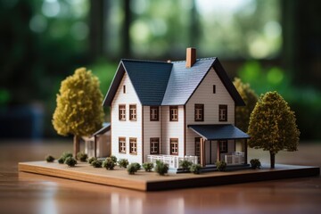 A model house sitting on a wooden floor in a residential setting.