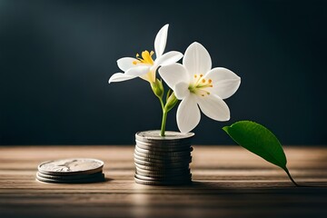 jasmine flower growing in the coins isolated .generated Ai technology