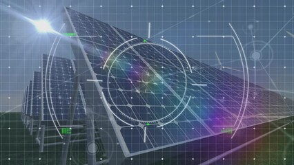 Animation of financial data processing over solar panels - Powered by Adobe