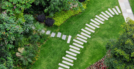 Top view of empty stone path in garden