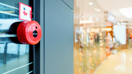 Manual push station of fire alarm system, installed on the wall of shopping center
