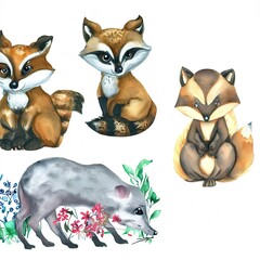 Watercolor set of forest cartoon isolated cute baby fox, deer, raccoon and owl animal with flowers. Nursery woodland illustration.