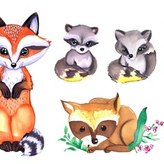 Fototapeta premium Watercolor set of forest cartoon isolated cute baby fox, deer, raccoon and owl animal with flowers. Nursery woodland illustration.