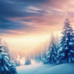 Winter landscape wallpaper with pine forest covered with snow and scenic sky at sunset.