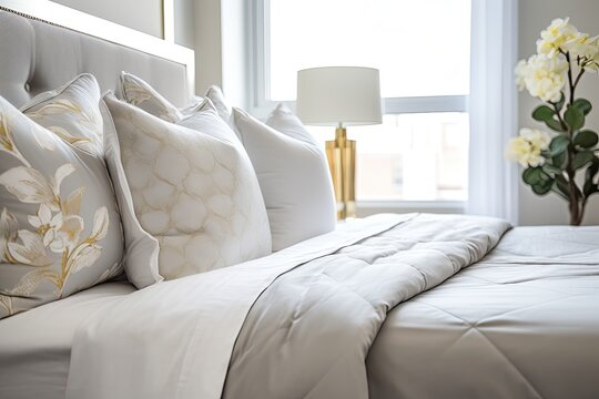 A detailed shot of a freshly arranged bed comforter adorned with decorative pillows, along with a headboard, showcasing a bedroom in a model home, house, or apartment setting.