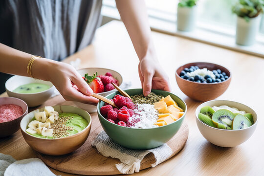 A person preparing a healthy and colorful smoothie bowl with various toppings.