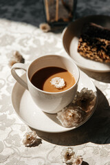 coffee, cup, drink, breakfast, cafe, beverage, hot, tea, food, white, black, brown, espresso, morning, chocolate, caffeine, cake, sweet, isolated, saucer, dessert, closeup, spoon, aroma, fresh