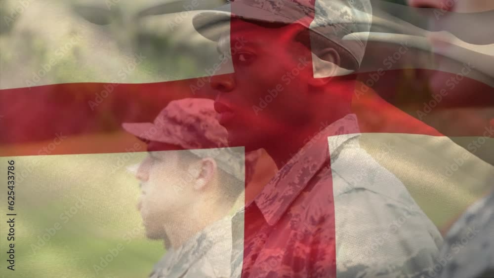 Sticker Animation of flag of england over diverse male soldiers