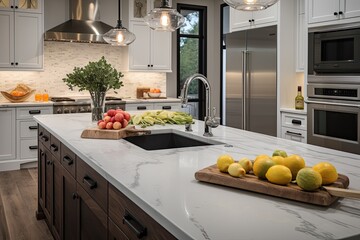 The kitchen interior features various luxurious details in a newly built home, including an island, a sink, cabinets, and bowls filled with fresh fruit.