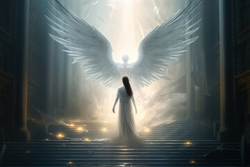 Religious miracle, holy faith, paradise concept illustration. Back view of woman in white robe climbing stairs to heaven and glowing angel with wings - obrazy, fototapety, plakaty
