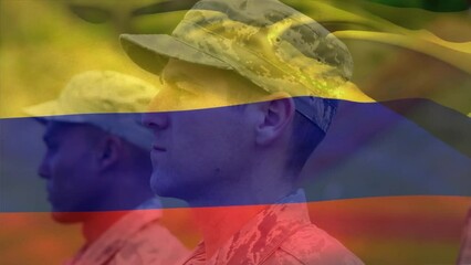 Animation of flag of colombia over diverse male soldiers - Powered by Adobe