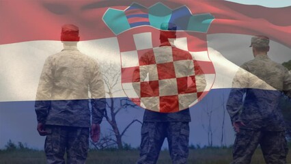 Animation of flag of croatia over diverse soldiers - Powered by Adobe