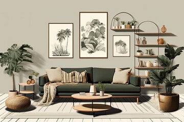 This template depicts a modern living room with a luxurious sofa, frames for decorative posters, an abundance of plants, a coffee table, a room divider, a pouf, and stylish personal items, all in an