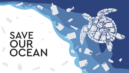 Ocean plastic pollution and world ocean day with sea animal page template icon vector illustration