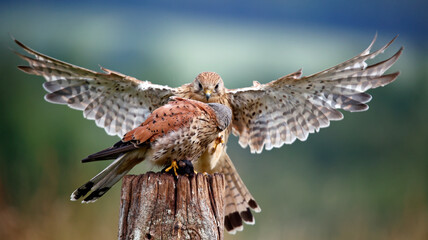 Male and female kestrels squabbling over a mouse - obrazy, fototapety, plakaty