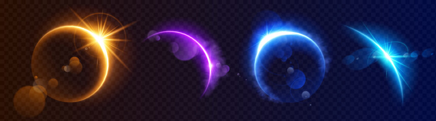 Moon eclipse light flare horizon space background. Abstract sunrise ring sparkle on earth planet design set. Gold, blue and purple crescent orbit edge glow with magic realistic cloud smoke shine. © klyaksun