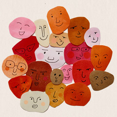Positive representation of different people. Multicolored, multiracial, multicultural society concept. Cutout paper shapes with funny faces being happy together