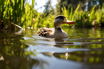 A duck swimming in the pond