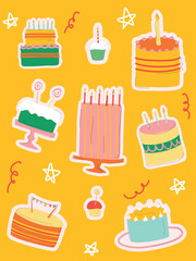 Multicolored bithday cakes on a yellow background