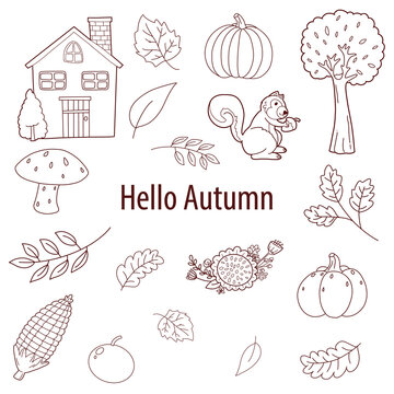 Autumn hand draw doodle bundle of cozy design elements. Set of fall twigs with leaves, Foliage, Cottage, Pumpkins, Squirrel, Mushroom and Autumn Flower vector