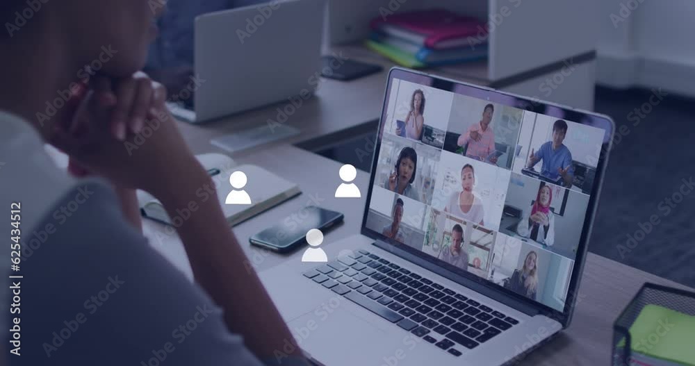 Canvas Prints Animation of network of connections with icons over laptop with video call