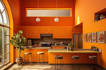 The kitchens interior is adorned with a fashionable orange wall.