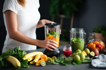 A person preparing a homemade smoothie with fresh fruits and vegetables. 