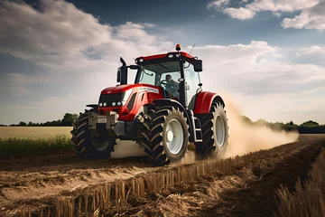 Fotobehang A farmer driving a tractor in a field © Ployker