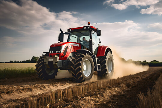 Fototapeta A farmer driving a tractor in a field