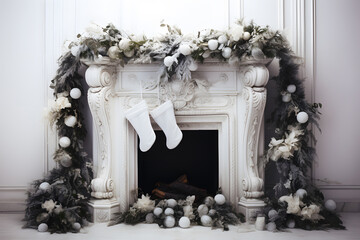 A white fireplace with stockings and a wreath. Christmas holidays celebration. Happy new year